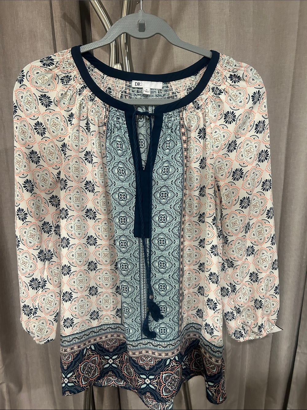 DR2 Navy, Light Blue & Cream Boho Printed Tunic with Tassel Tie
